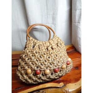 Vintage Fabrics Inc Woven Jute Handbag Women Small Tan Wood Hoop Handle 90s Boho